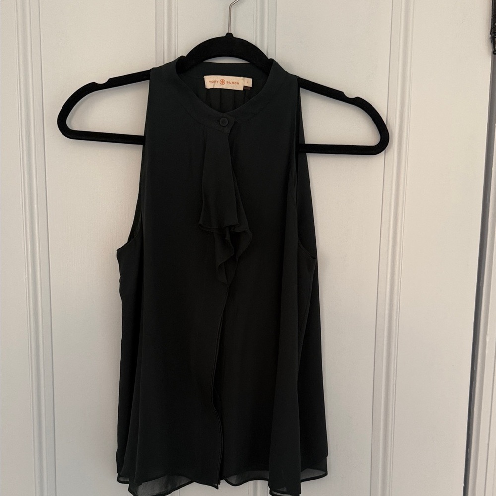 Tory Burch Hunter Green Sleeveless Ruffle-Front Blouse